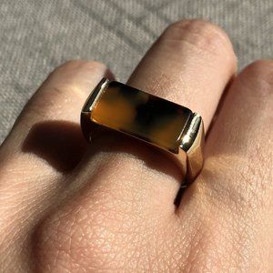 Tortoise Shell Tigers Eye Signet Gold Tone Ring
